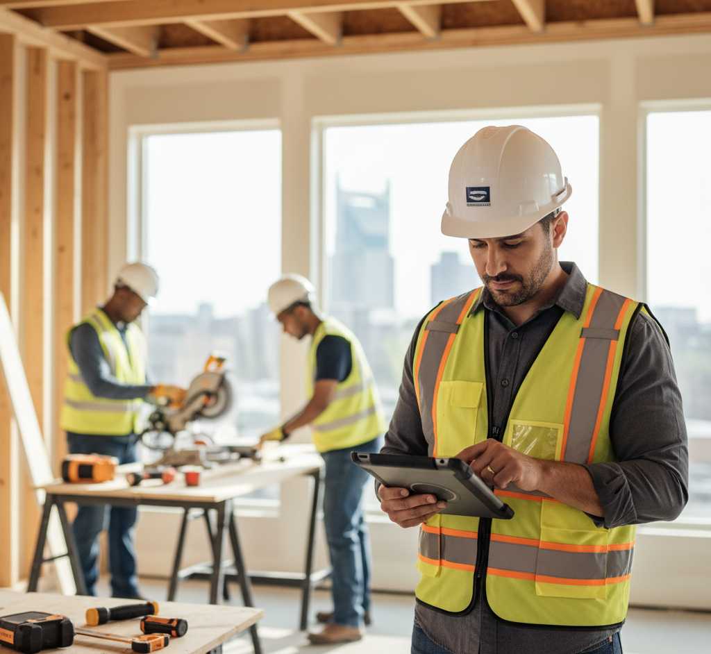 Construction project manager reviewing plans at Nashville renovation site