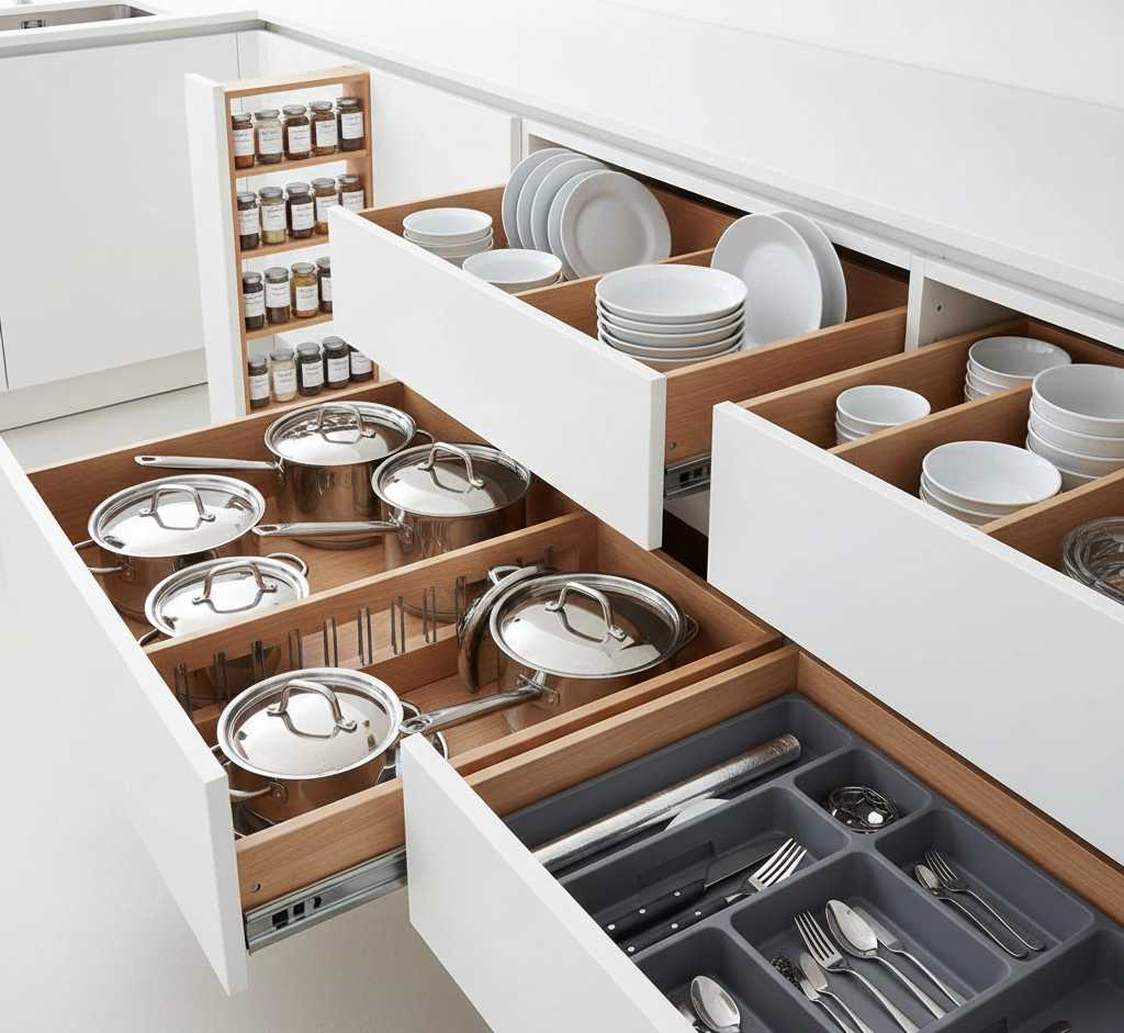Kitchen storage ideas with custom cabinet organizers and pull-out drawer solutions