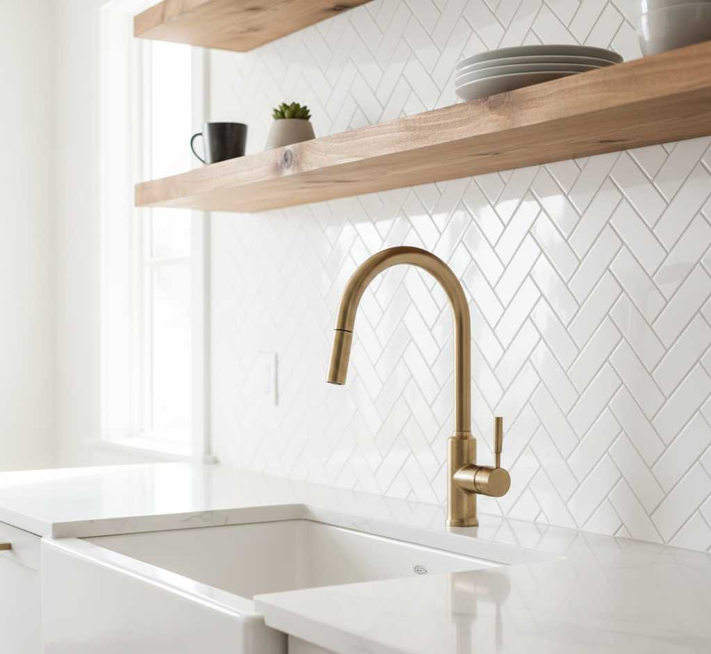 Kitchen backsplash ideas with herringbone subway tile pattern and brass fixtures