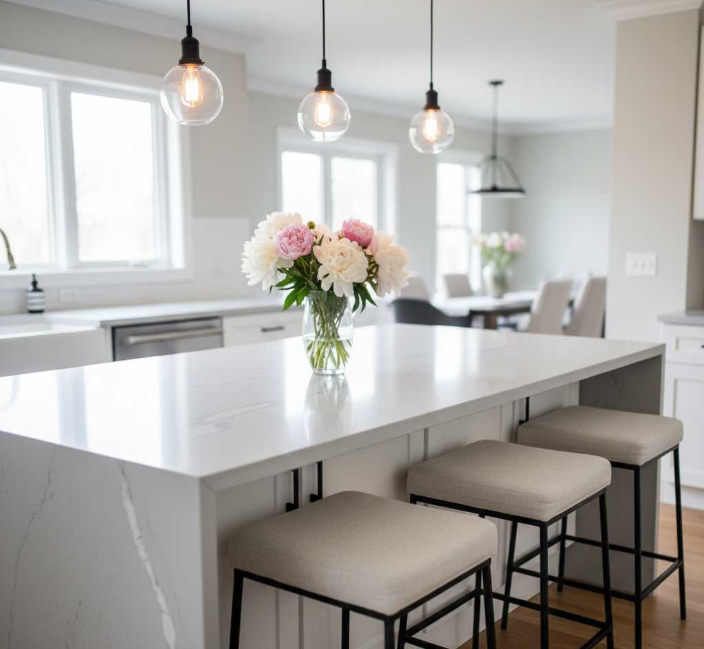 Modern kitchen island ideas with waterfall quartz countertops and pendant lighting