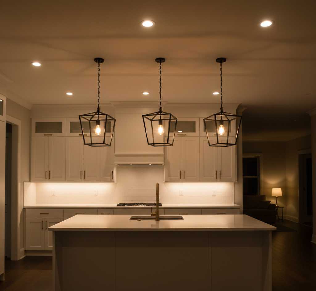 Kitchen lighting ideas showing layered lighting design with pendants and under-cabinet LEDs