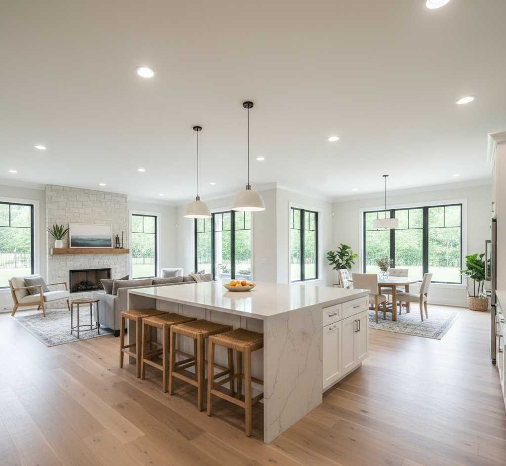Open concept kitchen layout connecting to living room in modern Nashville home