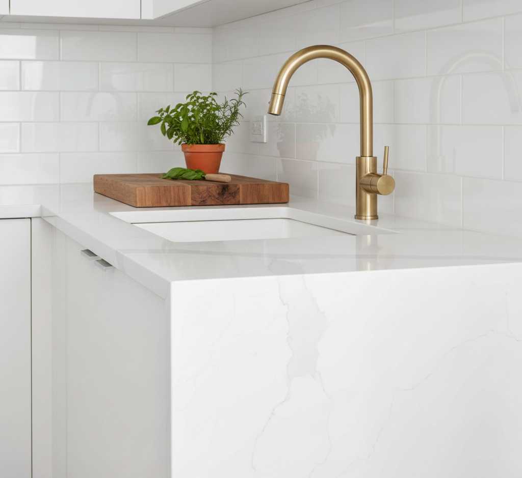 Quartz countertops in modern kitchen with waterfall edge and subtle veining