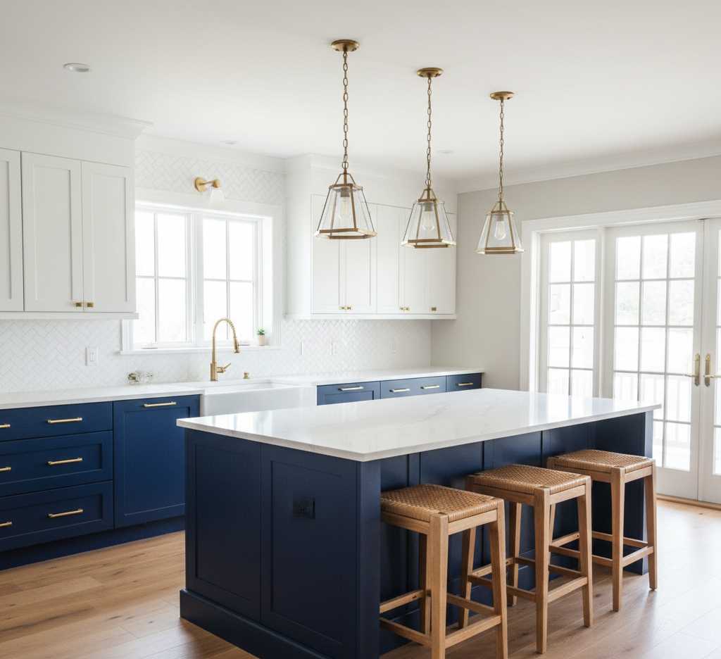 Modern shaker cabinets in two-tone design with white uppers and navy blue base cabinets