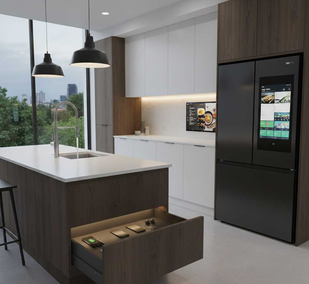 Smart kitchen technology featuring touchless faucet and integrated tablet for modern convenience