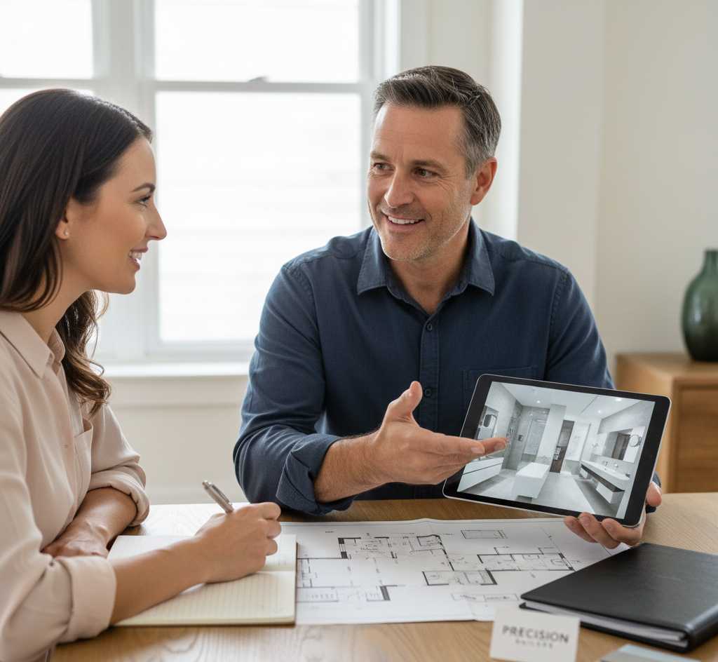 Professional meeting between Nashville homeowner and licensed Dapper Builders contractor discussing bathroom renovation