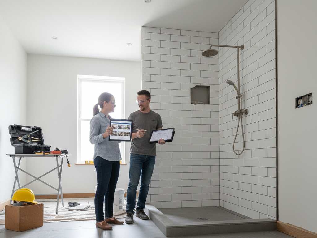 Homeowner and Dapper Builders project manager reviewing bathroom renovation progress in Nashville