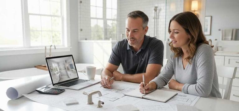 Homeowner planning bathroom remodeling in Nashville with contractor reviewing cost estimates