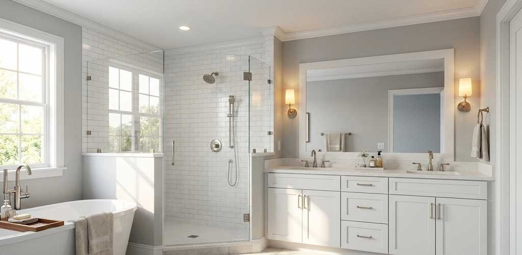 Bathroom remodeling in Nashville featuring modern walk-in shower and double vanity by Dapper Builders