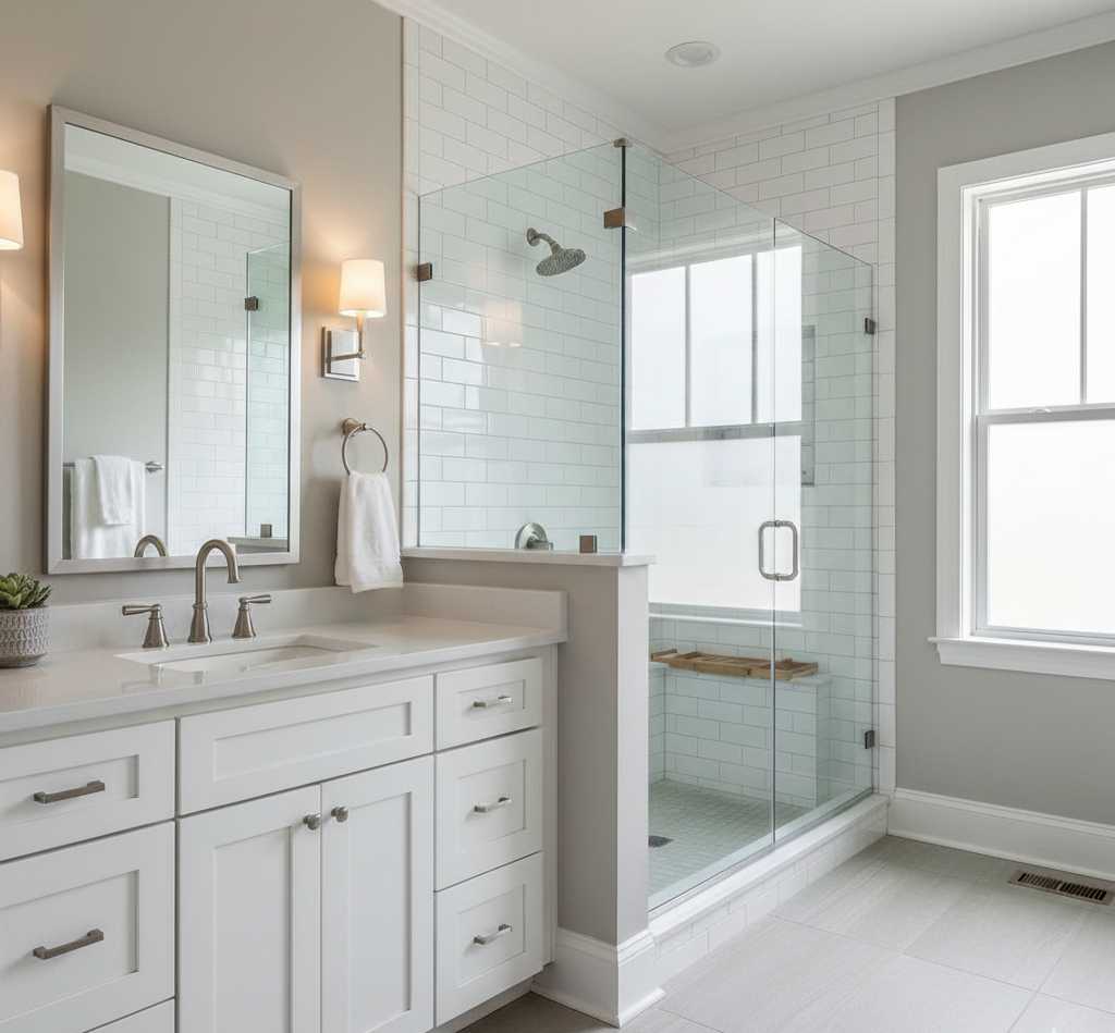 Well-designed Nashville bathroom showing proper ventilation, adequate storage, and timeless design choices