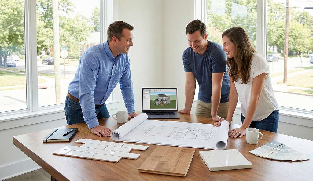 Nashville home addition contractor reviewing architectural plans and 3D renderings with homeowners during design-build consultation to identify home addition cost