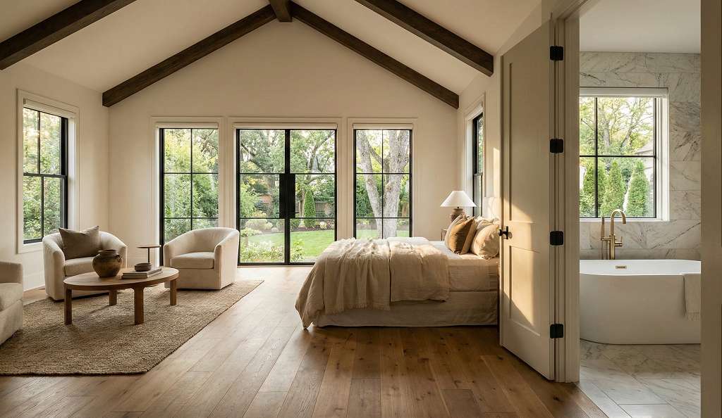 Luxury primary suite addition in Nashville with spa bathroom, vaulted ceiling, and custom millwork by Dapper Builders