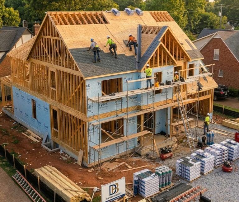 Framing and roof installation on new custom home construction in Nashville Tennessee