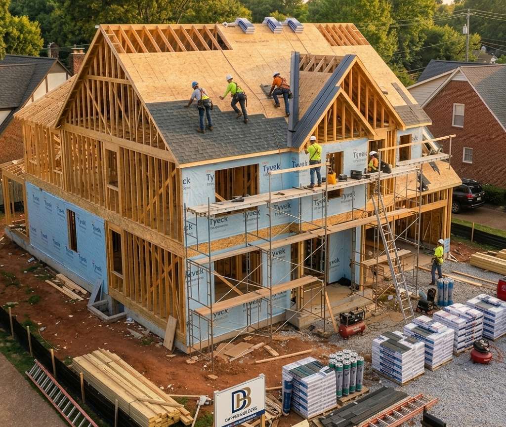 Framing and roof installation on new custom home construction in Nashville Tennessee