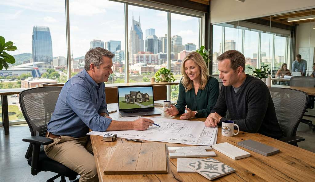 Nashville custom home builder reviewing architectural plans and 3D renderings with clients during design-build consultation