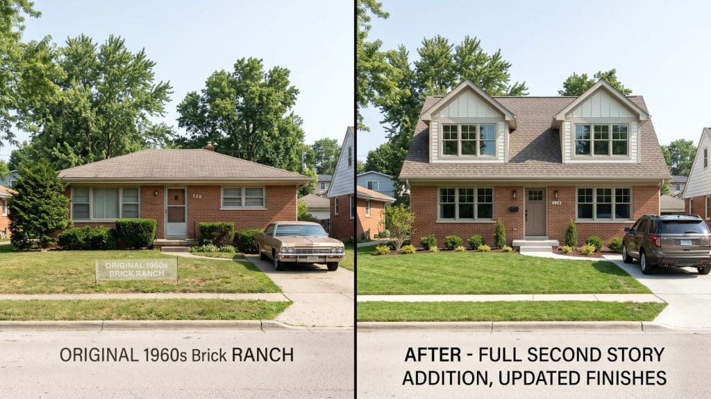 Second floor addition cost before and after, single-story ranch home transformed into a two-story home after second story addition
