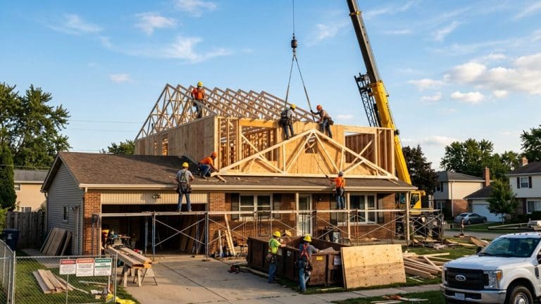 Second floor addition cost guide 2026, showing new second story construction in progress on a single-story house