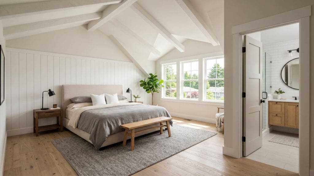 Second floor addition cost interior example, primary bedroom suite with vaulted ceilings and dormer windows in a completed second story addition