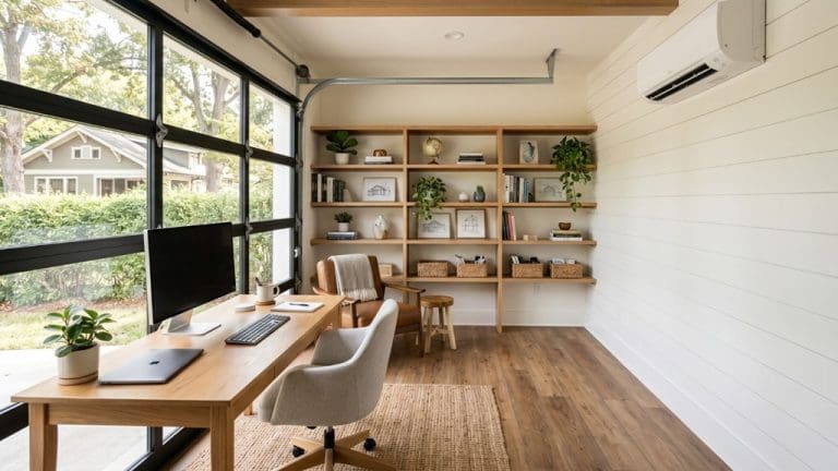 Converted garage home office in Nashville with built-in shelving and mini-split HVAC