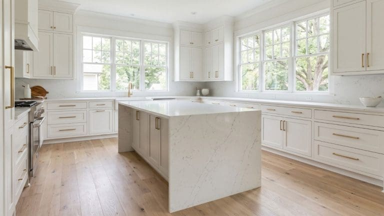 Custom kitchen remodel in Nashville TN with white cabinetry and quartz island