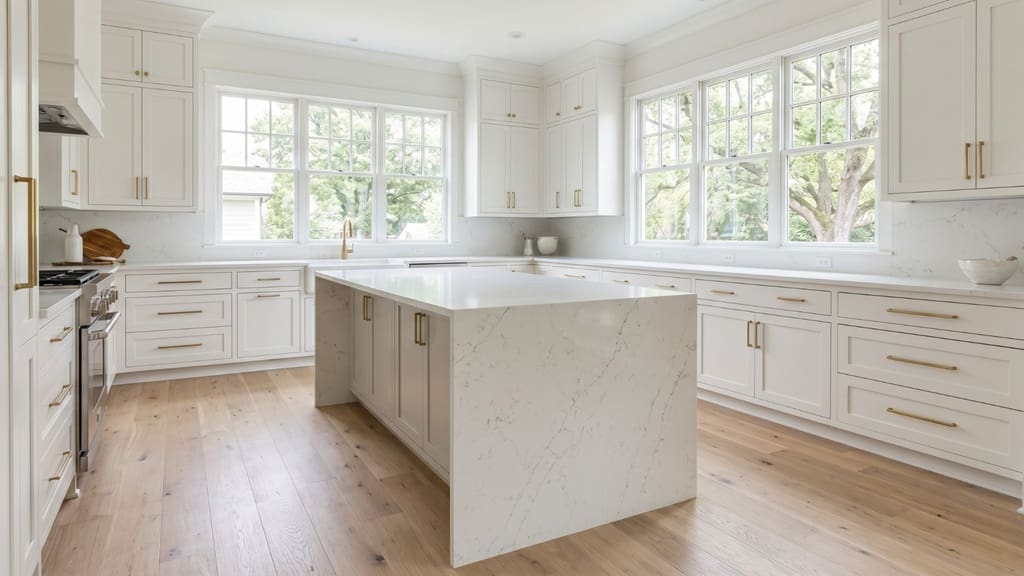 Custom kitchen remodel in Nashville TN with white cabinetry and quartz island
