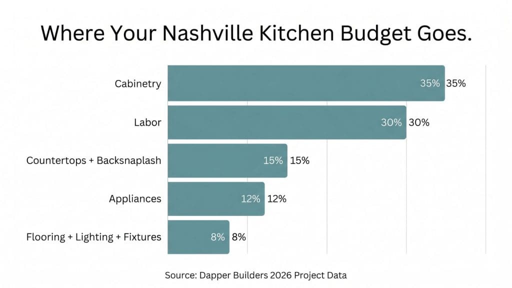 Bar chart showing Nashville kitchen remodel cost breakdown by category 2026 